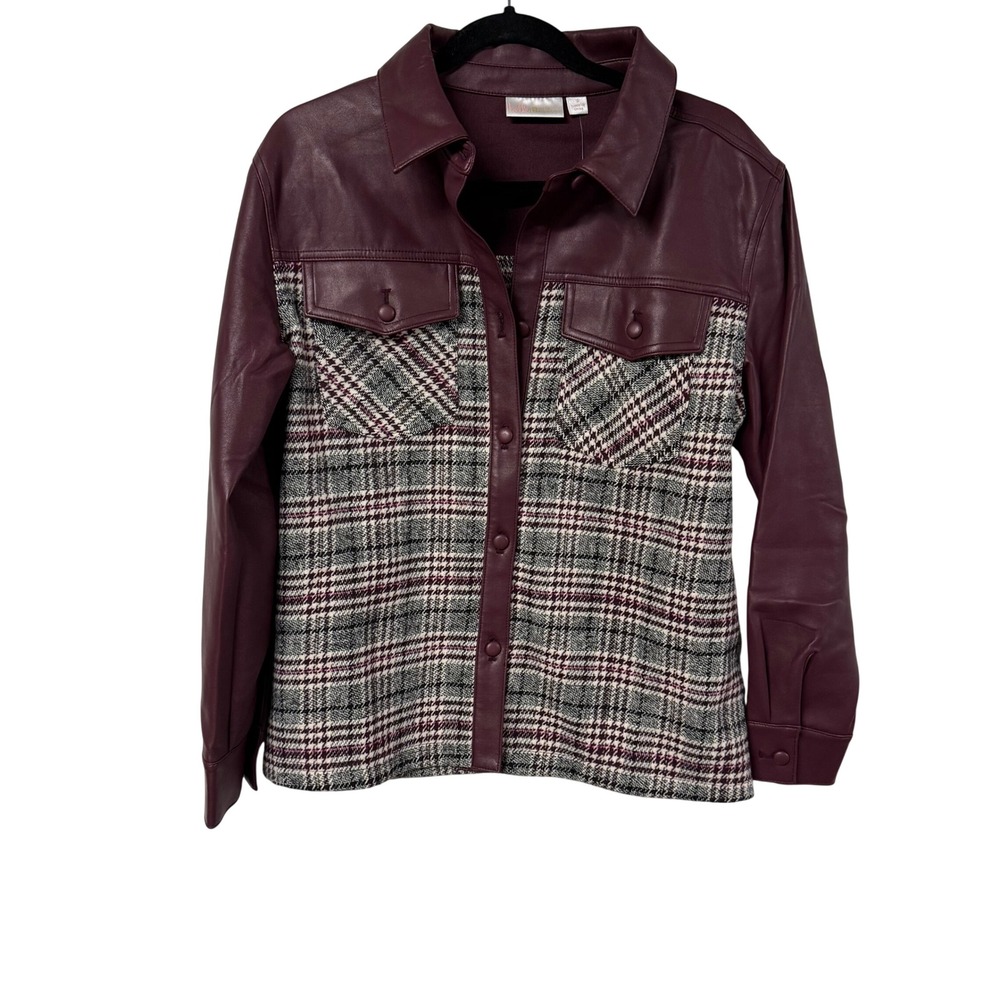 Belle by Kim Gravel Burgundy Faux Leather Plaid Mixed Media Shacket Jacket S